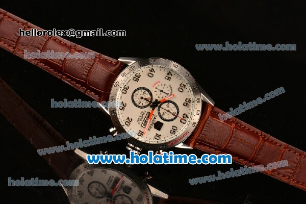 Tag Heuer Carrera Calibre 16 100 Meters Chronograph Quartz Steel Case with White Grid Dial and Brown Leather Strap - Click Image to Close